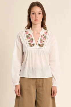 Molly Bracken Blusa de mujer de manga larga con flores bordadas^Mujer Camisas Y Blusas