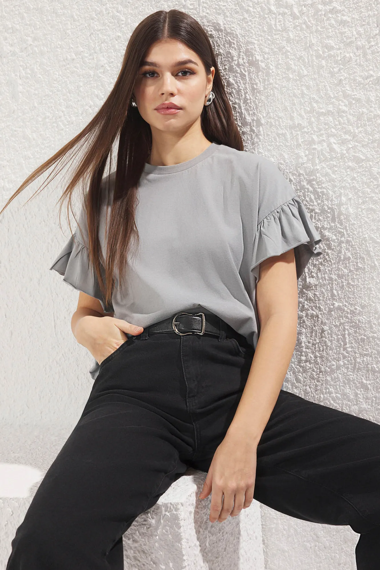 Trendyol Camiseta de manga corta volantes^Mujer Camisetas