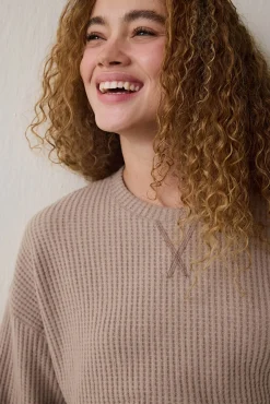 Penti Conjunto de pijama t&eacute;rmico de manga larga con cuello redondo y efecto waffle en color moca^Mujer Pijamas