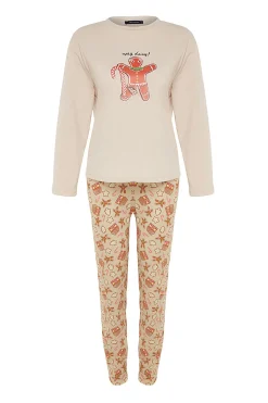 Trendyol Conjunto pijama Galleta jengibre Navidad beige^Mujer Pijamas