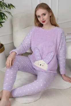 Trendyol Conjunto pijama polar conejo y corazones lila^Mujer Pijamas