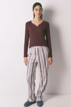Women'secret Pantalón largo 100% algodón rayas granate^Mujer Pijamas