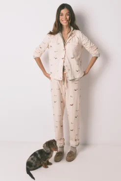 Women'secret Pijama camisero largo 100% algodón estampado rayas y perritos^Mujer Pijamas