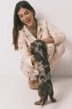 Women'secret Pijama camisero largo 100% algod&oacute;n estampado rayas y perritos^Mujer Pijamas