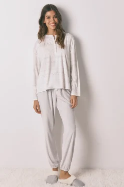 Women'secret Pijama largo polar suave cenefas gris^Mujer Pijamas