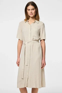 Pieces Vestido camisero midi de lino en manga corta^Mujer Vestidos Y Monos|Lino