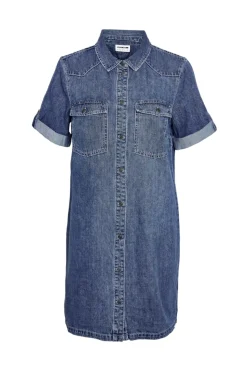 Noisy May Vestido corto vaquero con manga corta, cuello y bolsillos frontales^Mujer Vestidos Y Monos