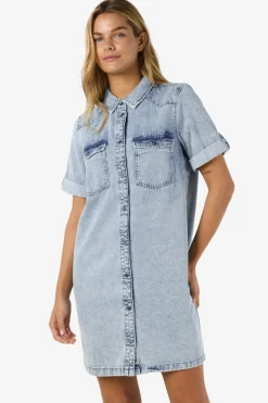 Noisy May Vestido corto vaquero con manga corta, cuello y bolsillos frontales^Mujer Vestidos Y Monos