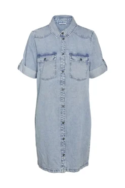 Noisy May Vestido corto vaquero con manga corta, cuello y bolsillos frontales^Mujer Vestidos Y Monos