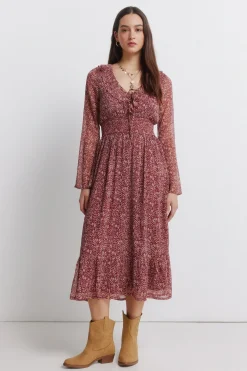 Springfield Vestido midi escote volante estampado^Mujer Vestidos Y Monos