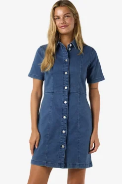 Noisy May Vestido vaquero de manga corta con cuello y abotonado frontal^Mujer Vestidos Y Monos